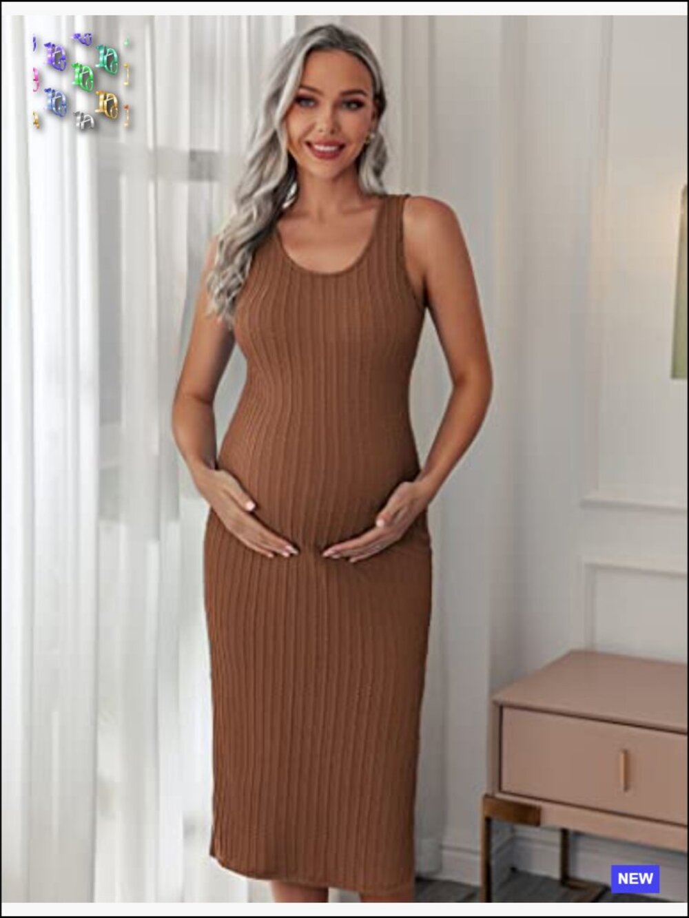 Maternity Tank Dress Rib Knit Bodycon Sleeveless Side Slit Casual Pregnancy Wear - Picture 2 of 7